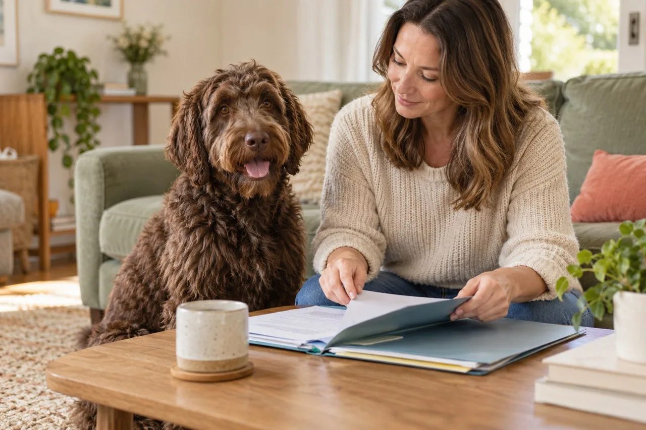 Owner reviewing an open folder beside a curly brown dog at home